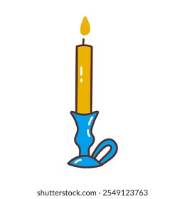 Burning candle in antique blue candlestick with handle. Colorful vector isolated illustration hand drawn doodle. Winter holiday season. Lighting element icon clip art