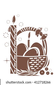 Burning candle and basket with Easter eggs isolated on white background. Symbols of Easter. Design elements for Easter holiday. Easter greeting card. Vector illustration