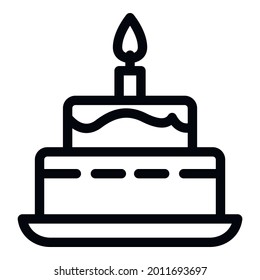 Burning candle birthday cake icon. Outline burning candle birthday cake vector icon for web design isolated on white background