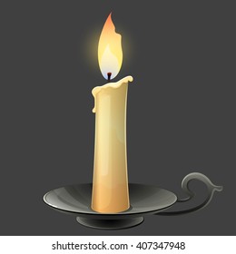 Burning candle in black metal candle holder. Vector illustration.