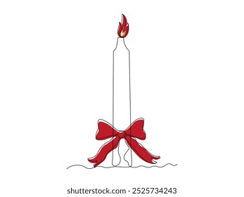 burning candle with a bow, Christmas, New Year, continuous one line art hand drawing sketch, logo