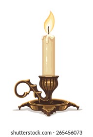 Burning candle in bronze candlestick. Eps10 vector illustration. Isolated on white background