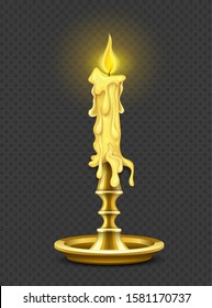 Candelero quemándose en candelabro de bronce, aislado en el fondo de la rejilla oscura. Ilustración vectorial Eps10.