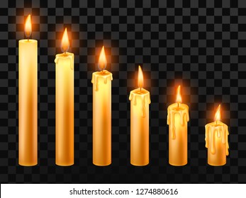 Burning candle. Burn church candles, wax fire and xmas candle. Holiday christmas wick burns burns relax lit flicker or religion church candles. Isolated realistic vector objects set