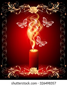 Burning candle with butterflies and golden ornament