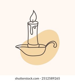 A burning candle in a candlestick. Cozy fall and winter hand drawn illustration.