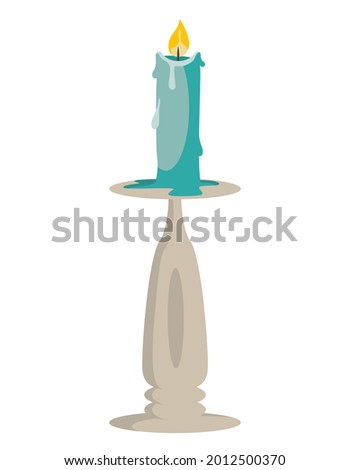 Burning candle in candlestick. Halloween attribute in cartoon style