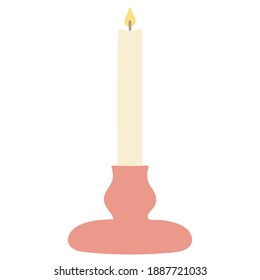 Burning candle with a candlestick. Hand drawn vector illustration. The isolated object on a white background.