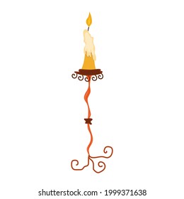 Burning candle in candlestick. Happy halloween holiday. Decoration for horror night. Vector cartoon illustration