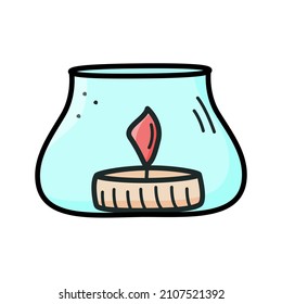Burning candle in the candlestick icon, vector doodle illustration of a wax candle with a wick.