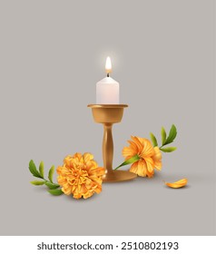 Queimando vela em um candelabro e flores de calêndula. Composição festiva para o festival Diwali ou Dia de Mortos