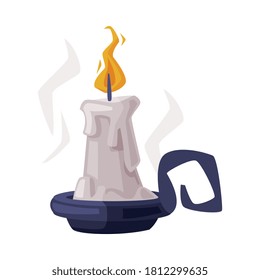Burning Candle in Candlestick, Occult Magic Object for Mystic Ritual Cartoon Style Vector Illustration