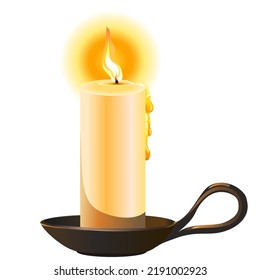 burning candle in a candlestick on a white background