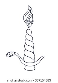 Burning candle in a candlestick. Silhouette of the candle on a white background.
