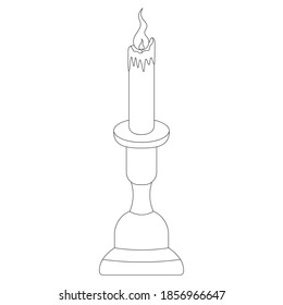 Burning candle in a candlestick. Vector illustration. Outline on an isolated background. Doodle style. Sketch. Coloring book for children. Magic attribute. Hot wax. Hot flame. Festive print. 