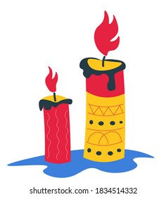 Burning candle with carved wax, geometric ornaments and decoration. Mexican traditional holidays and celebrations, 5 cinco de mayo or day of the dead. Dia de los muertos, vector in flat style