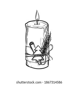 Burning candle with Christmas decor isolated on white background. Hand-drawn vector illustration.