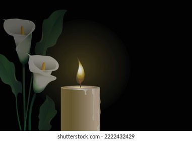 Brennende Kerze, Nahaufnahme und Calla Blumen (Arumlilie) im Hintergrund im Dunkeln. Vektorkonzeptuelle Illustration mit Platz für Text.