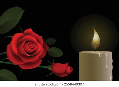 Burning candle close-up and red rose flower with bud mourning bouquet in the background in the dark. Vector conceptual illustration with place for text.