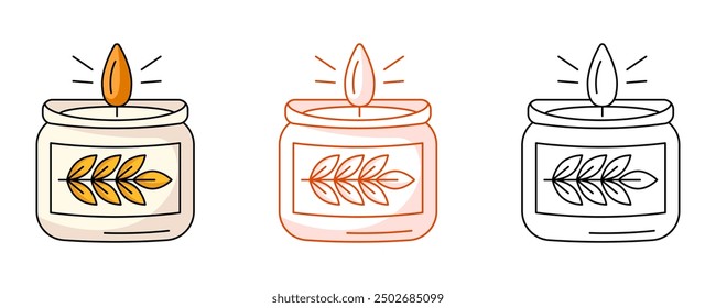 Burning candle, colorful and line icon set. Decorative wax candles for relax and spa, vector flat outline icon, monochrome and color illustration. For logo, sticker, coloring book, label