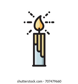 Burning candle colorful thin line flat style icon, vector illustration isolated on white background. Flat style thin line, outline icon of burning candle with fire, flame