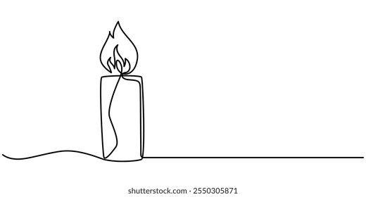 Burning candle. Continuous one line drawing. Vector illustration, One line continuous candle light drawing art. Modern isolated background, Aroma candles one line art, Candle light continuous one line