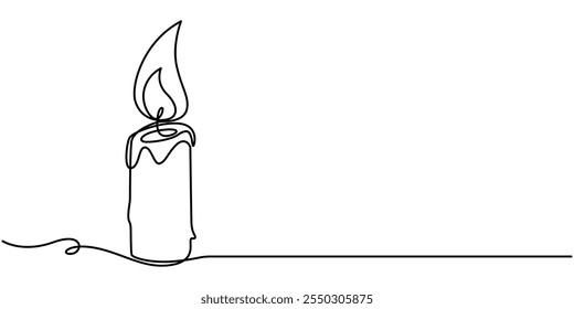 Burning candle. Continuous one line drawing. Vector illustration, One line continuous candle light drawing art. Modern isolated background, Aroma candles one line art, Candle light continuous one line