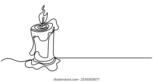 Burning candle. Continuous one line drawing. Vector illustration, One line continuous candle light drawing art. Modern isolated background, Aroma candles one line art, Candle light continuous one line