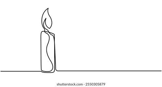 Burning candle. Continuous one line drawing. Vector illustration, One line continuous candle light drawing art. Modern isolated background, Aroma candles one line art, Candle light continuous one line