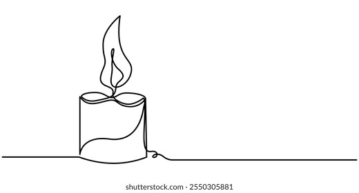 Burning candle. Continuous one line drawing. Vector illustration, One line continuous candle light drawing art. Modern isolated background, Aroma candles one line art, Candle light continuous one line