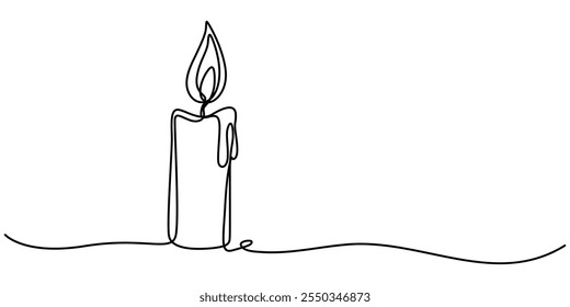 Burning candle. Continuous one line drawing. Vector illustration, One line continuous candle light drawing art. Modern isolated background, Aroma candles one line art, Candle light continuous one line