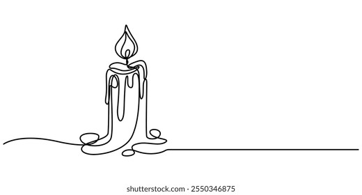 Burning candle. Continuous one line drawing. Vector illustration, One line continuous candle light drawing art. Modern isolated background, Aroma candles one line art, Candle light continuous one line