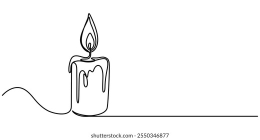 Burning candle. Continuous one line drawing. Vector illustration, One line continuous candle light drawing art. Modern isolated background, Aroma candles one line art, Candle light continuous one line