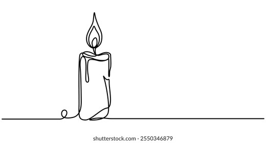 Burning candle. Continuous one line drawing. Vector illustration, One line continuous candle light drawing art. Modern isolated background, Aroma candles one line art, Candle light continuous one line