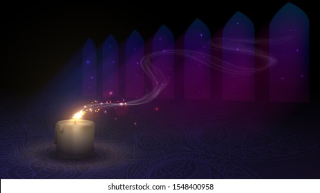 Burning candle in a dark room with windows. Illustration for indian or muslim holidays