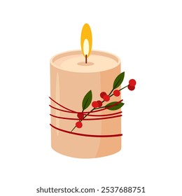 Burning candle decorated berries branch and red threads isolated on white background.