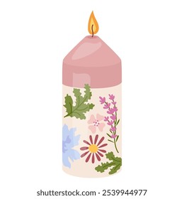 Brennende Kerze mit Kräutern und Blumen dekoriert. Duftkerzenlicht mit Flamme verströmt gemütliche Relaxatmosphäre Aromatherapie, Entspannung, Hausdekoration. Flache Vektorgrafik einzeln auf Weiß