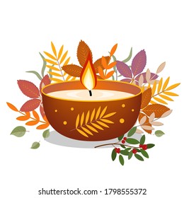 Lámpara quemada decorada sobre el fondo de hojas y bayas de otoño, aislada, clipart, diseño, decoración, icono, banner