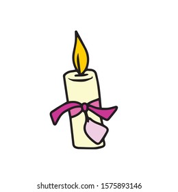 The burning candle is decorated with ribbons and attached label . Holiday
 .On hand-drawn, on a white isolated background.Design for greeting cards,
