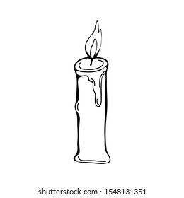 Burning candle drawn with a black art line on a white background. Isolated object. Hand drawing. Holiday, Birthday, celebration design element. One line black color