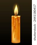 Burning candle with dripping or flowing wax. Yellow candle with golden flame. Lit and melted wax. Illustration of beautiful glowing candle on dark background