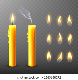 Burning candle with dripping or flowing wax, realistic vector illustration. Yellow candles with golden flame lit and extinguished with melted wax isolated on transparent. Church Christmas collection