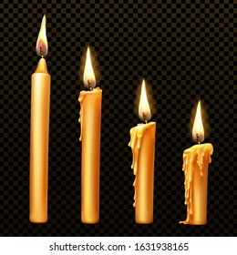 Burning candle with dripping or flowing wax, realistic vector illustration. Yellow candles with golden flame lit and melted wax isolated on transparent background. Church or Christmas collection