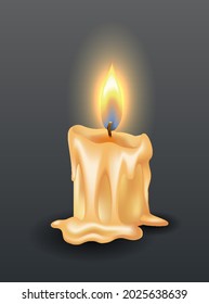 Burning candle with dripping or flowing wax. Yellow candle with golden flame. Lit and melted wax. Illustration of beautiful glowing candle on dark background