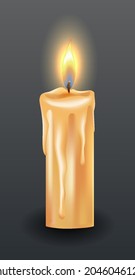 Burning candle with dripping or flowing wax. Yellow candle with golden flame. Lit and melted wax. Illustration of beautiful glowing candle on dark background