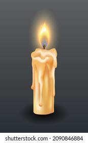 Burning candle with dripping or flowing wax. Yellow candle with golden flame. Lit and melted wax. Illustration of beautiful glowing candle on dark background