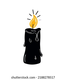 Burning candle with dripping or flowing wax. Lit and melted wax. Illustration of black candle on light background	