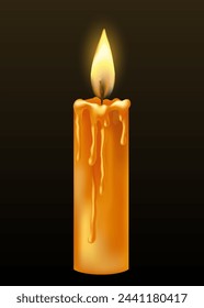 Burning candle with dripping or flowing wax. Yellow candle with golden flame. Lit and melted wax. Illustration of beautiful glowing candle on dark background