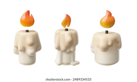 Burning candle with dripping or flowing wax 3D plastic style vector illustrations set. Render glowing lit paraffin candle with fire flame isolated. Relaxation vintage accessory