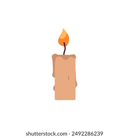 Burning candle with dripping or flowing wax vector flat illustration. Cartoon glowing lit paraffin candle with fire flame isolated on white. Spirituality, memorial or aromatherapy vintage accessory